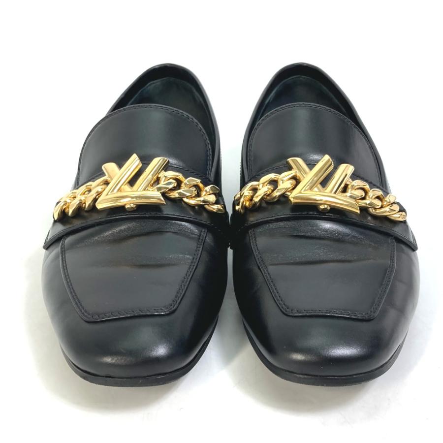 LOUIS VUITTON ルイヴィトン ペタンコ 靴 LV チェーンロゴ フラットシューズ ローファー レザー ブラック レディース【中古】_1