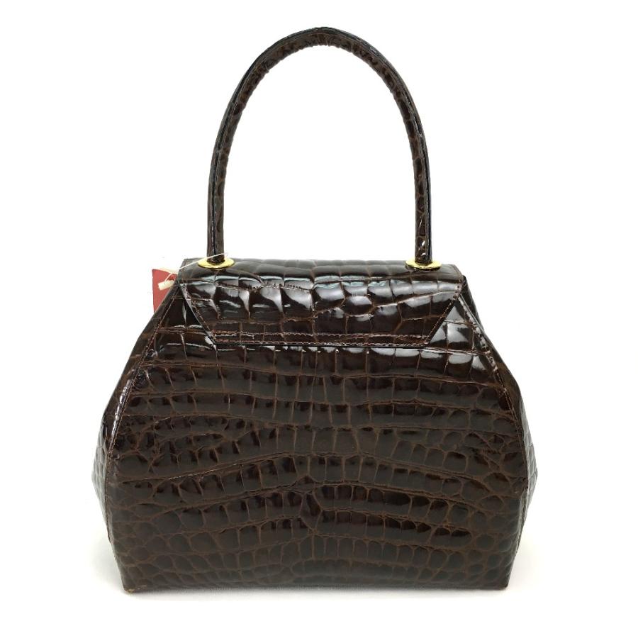 【中古】ノーブランド ハンドバッグ クロコダイル シャイニー レザー 革 ミニボストン 焦げ茶 ダークブラウン NO-BRAND ノーブランド レディース ハンドバッグ クロコダイル