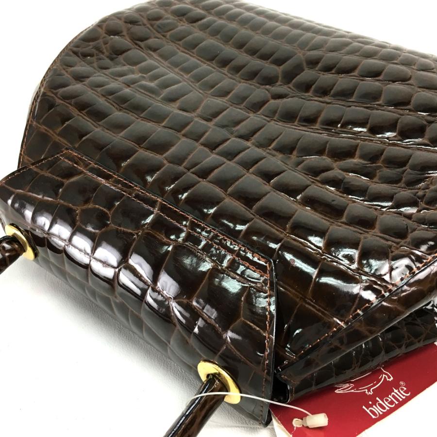 【中古】ノーブランド ハンドバッグ クロコダイル シャイニー レザー 革 ミニボストン 焦げ茶 ダークブラウン NO-BRAND ノーブランド レディース ハンドバッグ クロコダイル