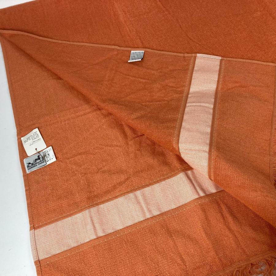 HERMES - エルメス HERMES ヨッティング ロゴ バスタオル インテリア ひざかけ ブランケット 大判 フリンジ  タオル コットン オレンジ 未使用 HERMES 未使用 エルメス ヨッティング ロゴ 大判 フリンジ バス