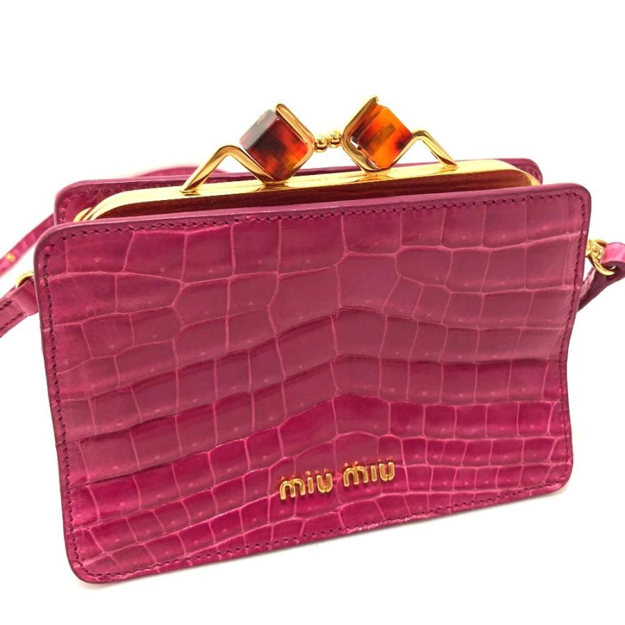 ミュウミュウ がま口 ポシェット ショルダーバッグ クロコ型押しレザー ピンク MIU MIU - ミュウミュウ がま口 ポシェット ショルダーバッグ クロコ型