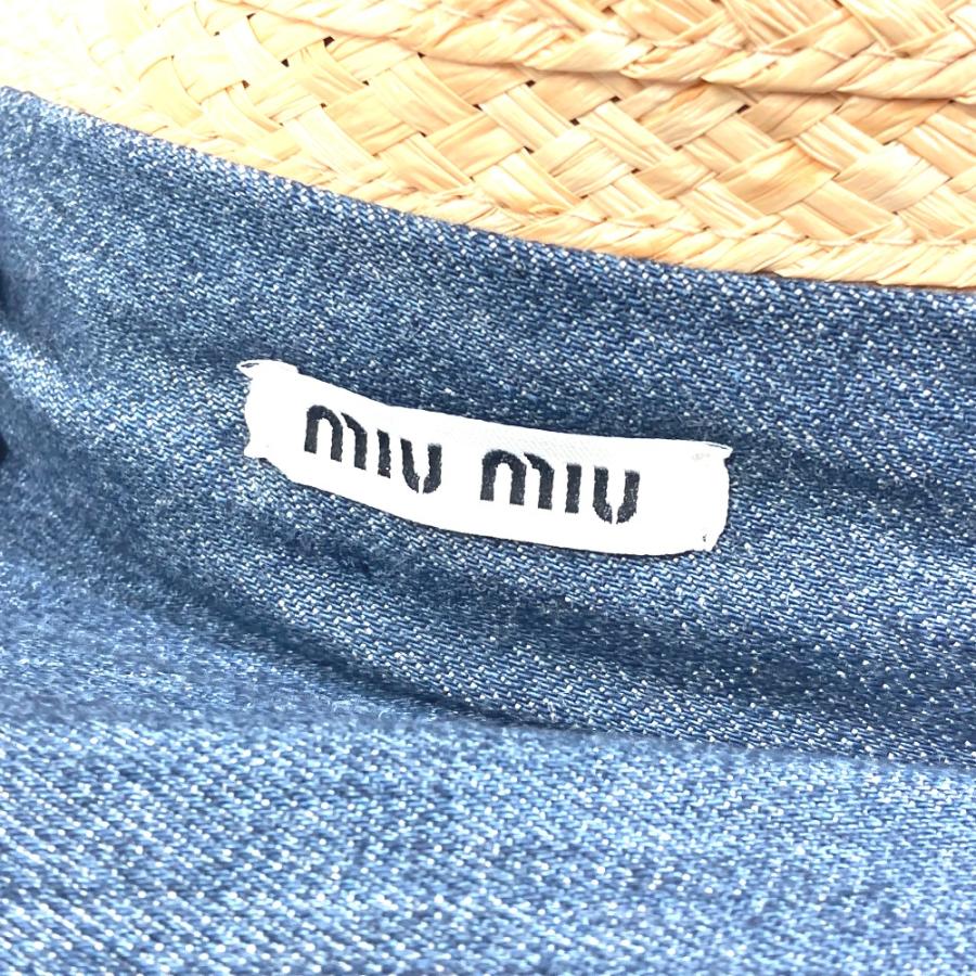 miu miu（ミュウミュウ） つば広 ロゴ デニム 麦わら ハット 帽子