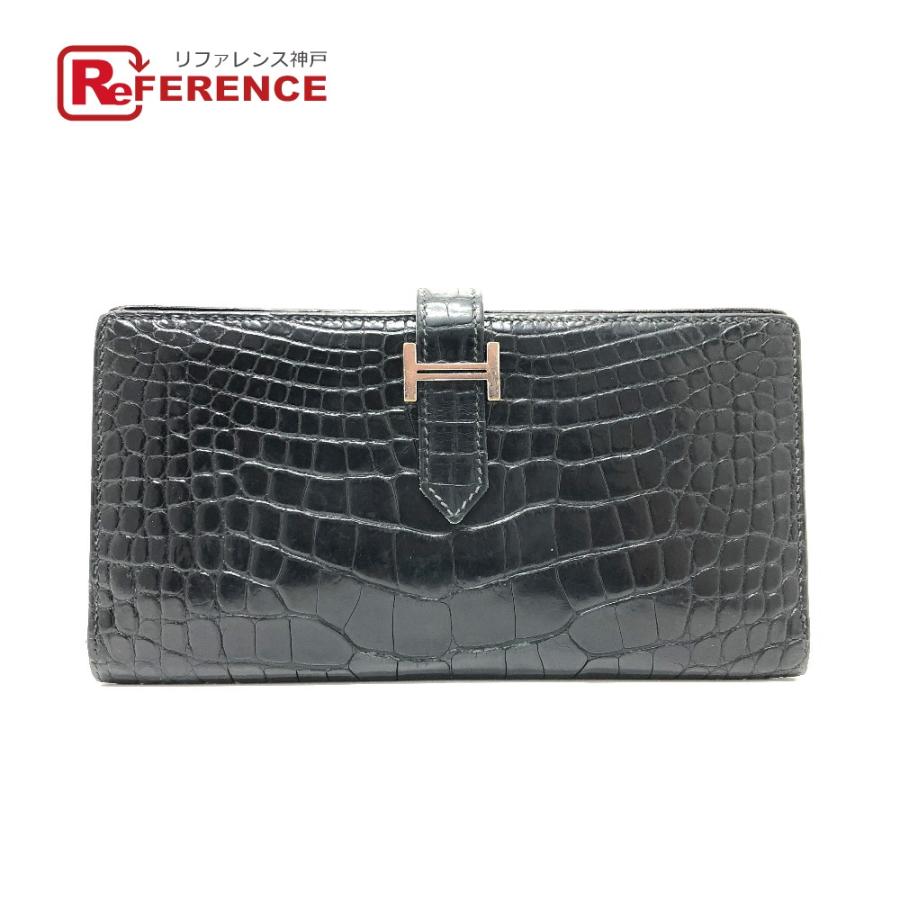 HERMES エルメス ベアン スフレ クロコダイル アリゲーター 財布 長財布 ウォレット ロングウォレット  長財布 ブラック メンズ【中古】 | HERMES