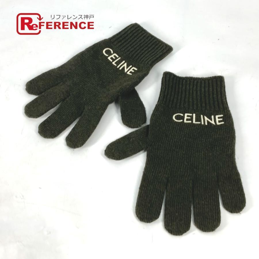 セリーヌ CELINE ロゴ エンブロイダリー 2AC55588S 手袋 グローブ ウール カーキ 美品 CELINE（セリーヌ） 美品 2AC55588S ロゴ エンブロイダリー 手袋