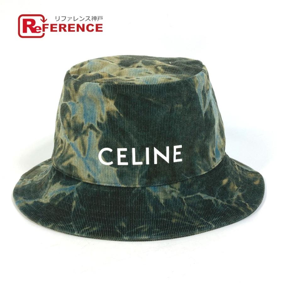 CELINE セリーヌ 2AU5B214Q コーデュロイ タイダイ ロゴ 迷彩 カモフラ バケットハット 帽子 ハット コットン グリーン【中古】美品 | CELINE