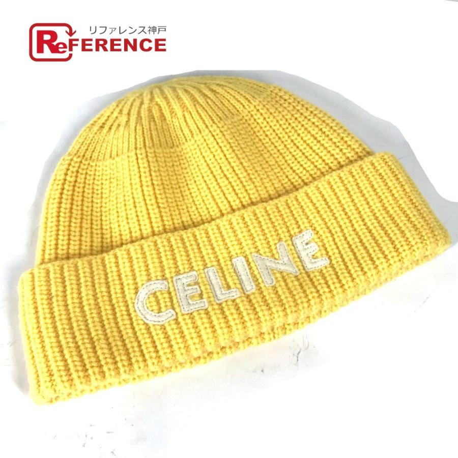 CELINE セリーヌ ロゴ ビーニー 帽子 ニット帽 ニットキャップ ニット帽 イエロー レディース【中古】 | CELINE