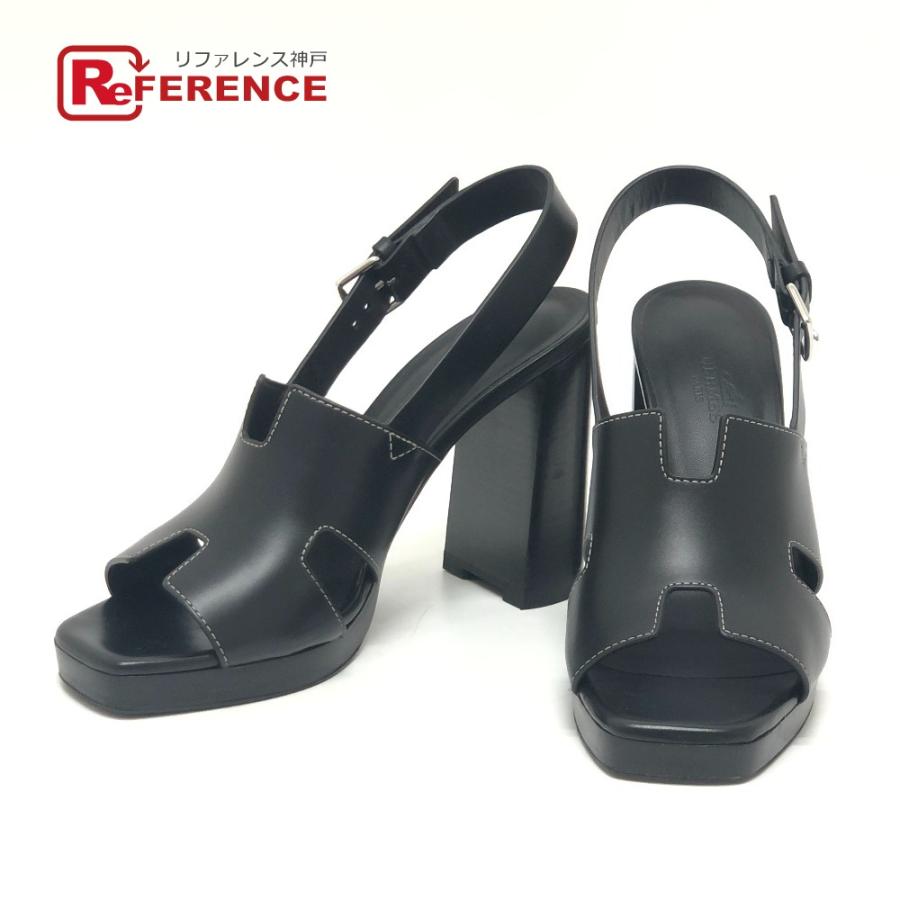 HERMES エルメス エルベ60 靴 シューズ ストラップ ステッチ ヒール ハイヒール オープントゥ サンダル ブラック レディース【中古】 | HERMES