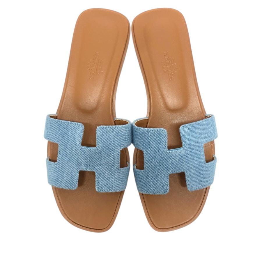 未使用 HERMES エルメス オラン Hロゴ 靴 デニム フラット ミュール オープントゥ サンダル ブルー レディース【中古】 | HERMES | 01