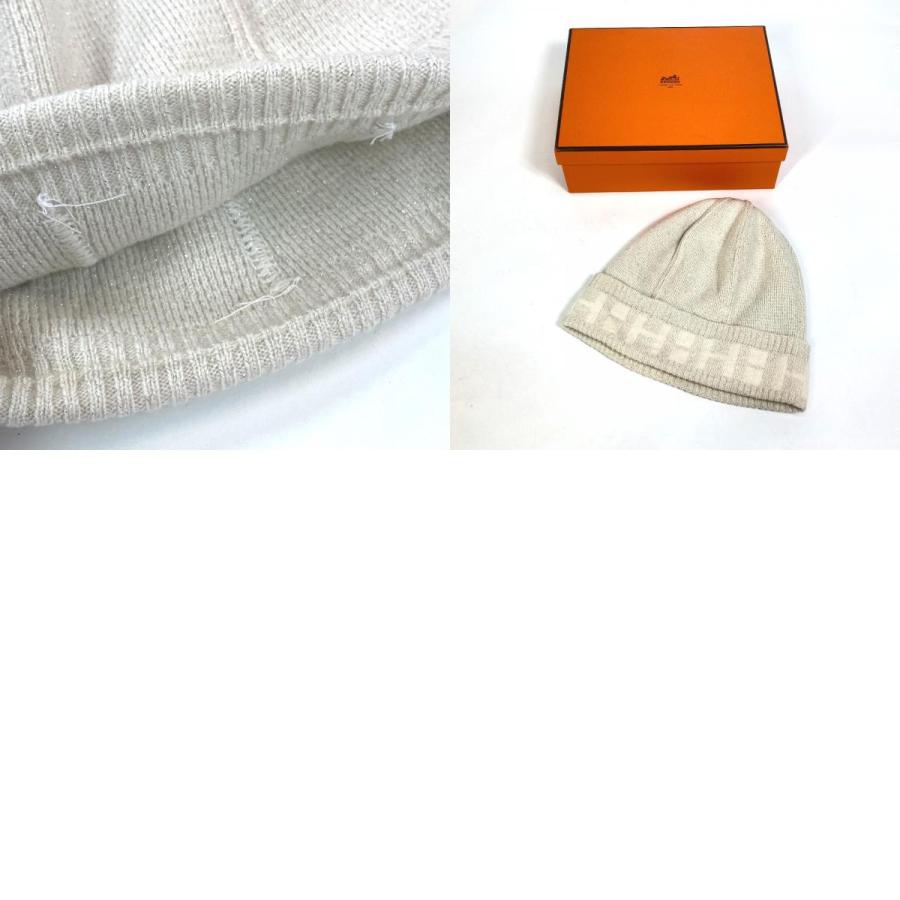 HERMES エルメス アパレル ラメ ロゴ 帽子 ニット帽 カシミヤ ベージュ