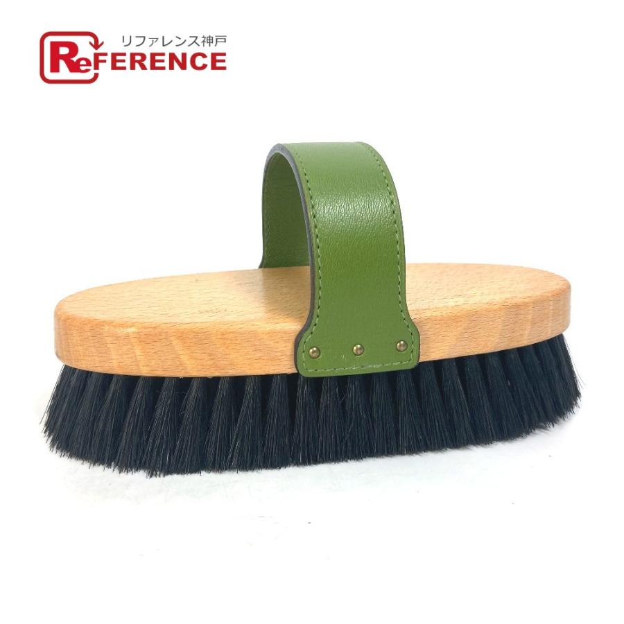 HERMES エルメス 毛ブラシ くし 櫛 馬用 ブラシ ペット 馬具 雑貨 レザー/ウッド グリーン ユニセックス【中古】未使用 | HERMES