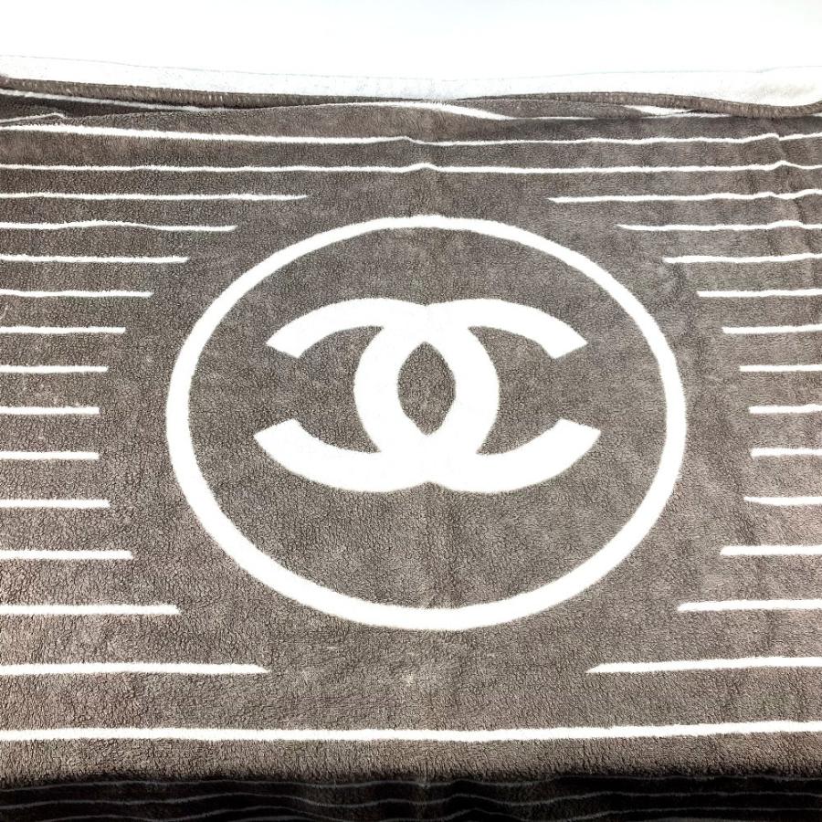 シャネル CHANEL ロゴ ストライプ CC ココマーク バスタオル インテリア ひざかけ ブランケット タオル コットン グレー系 CHANEL - シャネル CHANEL ロゴ ストライプ CC ココマーク バスタオル