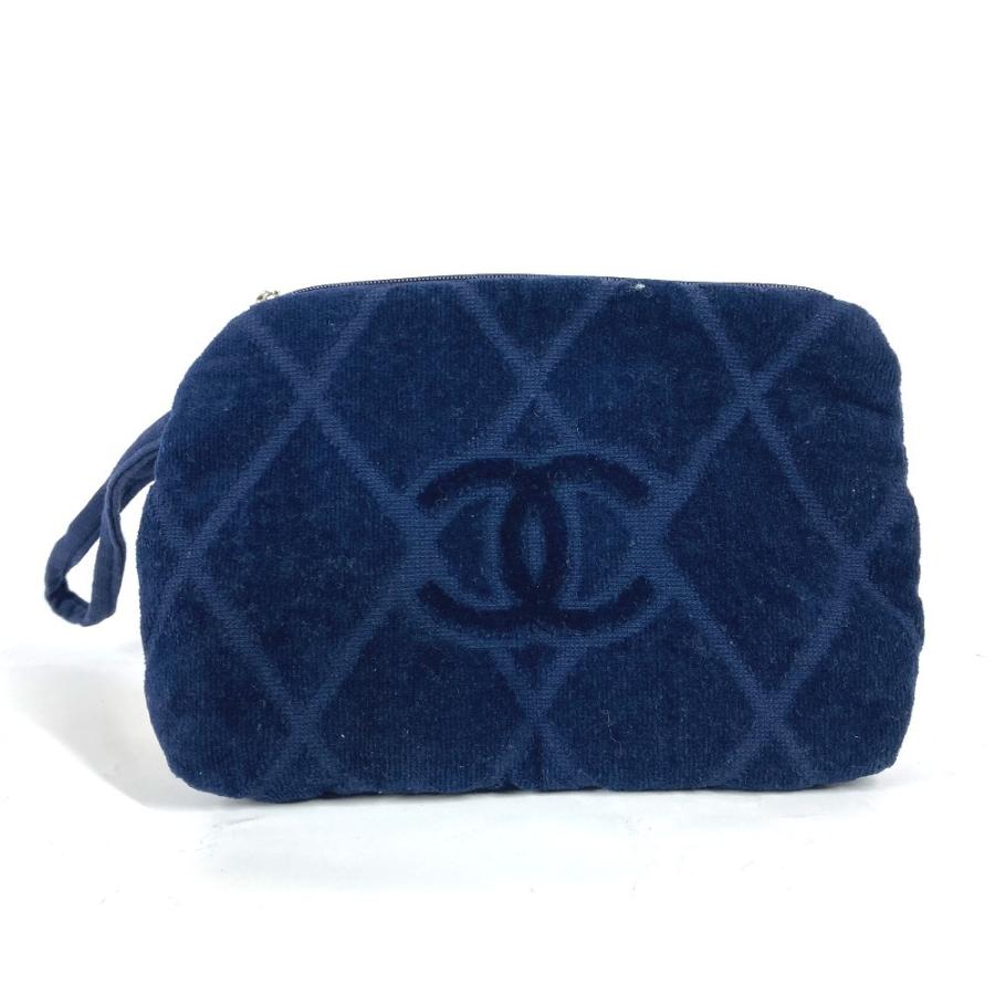 美品 CHANEL シャネル CC ココマーク パイルポーチ メイクポーチ 化粧ポーチ ポーチ ネイビー レディース【中古】 | CHANEL | 01