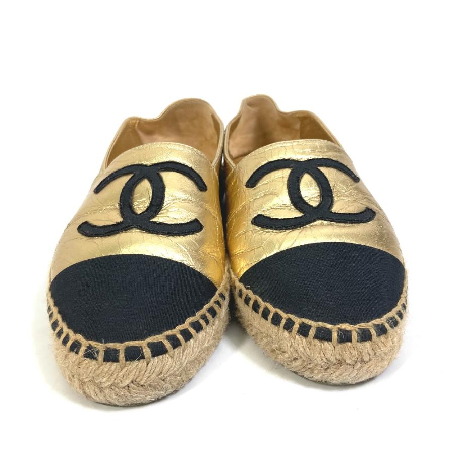 CHANEL シャネル G29762 靴 CC ココマーク フラットシューズ エスパドリーユ レザー ゴールド レディース【中古】 | CHANEL | 01