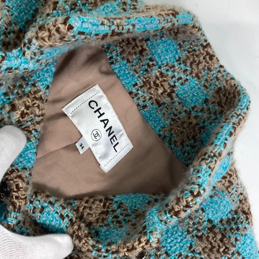 ［美品］シャネル　ツイード　レザー切り替え　ラインストーンボタン　ロングコート CHANEL（シャネル） 美品 P73646 ビジュー ラインストーン ボタン