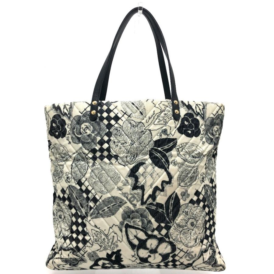 CHANEL シャネル カメリア カバン シェブロン コーデュロイ 肩掛け リボン ハンドバッグ トートバッグ ホワイト レディース【中古】 | CHANEL | 01