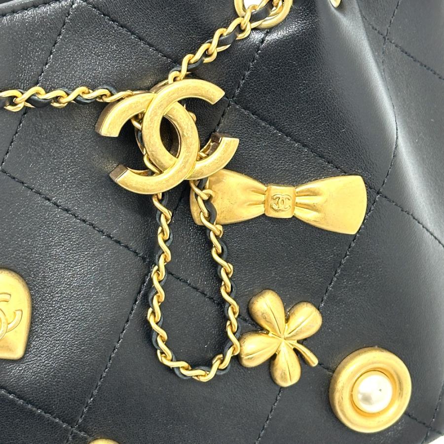 美品 CHANEL シャネル AS5824 ドローストリング アイコン チェーン カバン バッグ  25K ショルダーバッグ ブラック レディース【中古】の画像