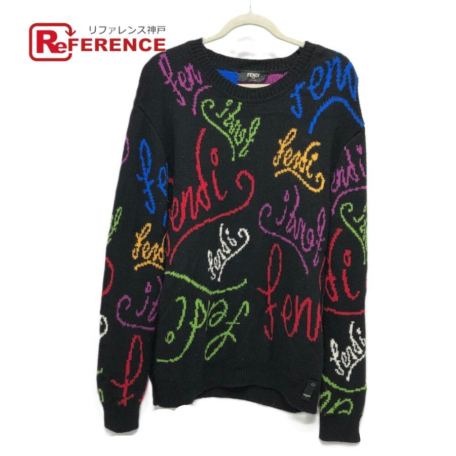 FENDI フェンディ FZY463 AH3E ロゴマルチカラー アパレル ARTIST ALLOVER ニット クルーネック 21AW セーター ブラック メンズ【中古】 | FENDI