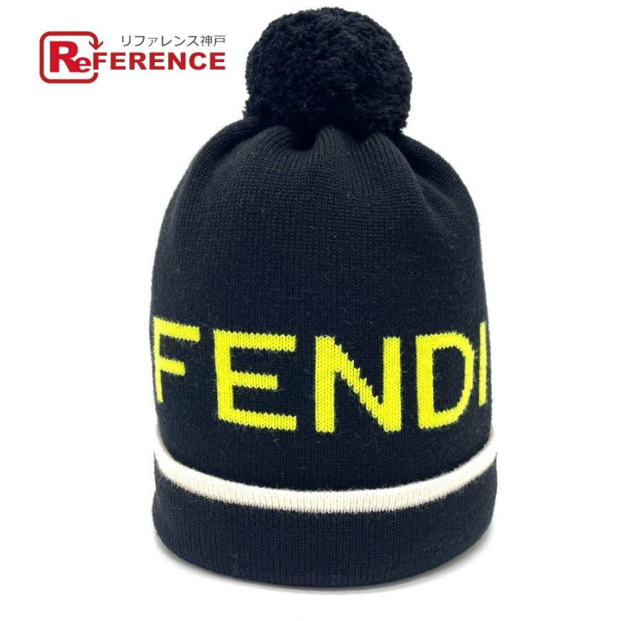 未使用 FENDI フェンディ FXQ056 ロゴ ボンボン付き ニットキャップ ニット帽 ウール ユニセックス ブラック | FENDI