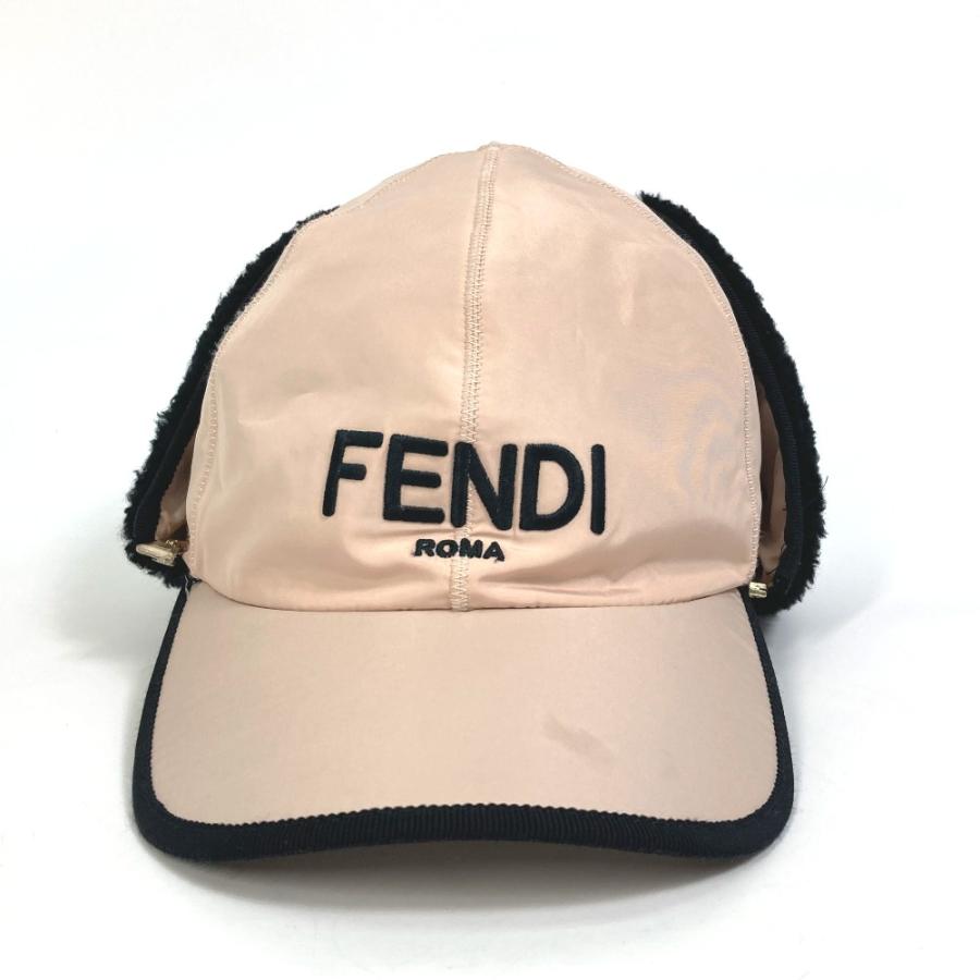 FENDI フェンディ FXQ679 ロゴ フライトキャップ ボア付き 帽子 ポリエステル ピンク レディース【中古】 | FENDI | 01