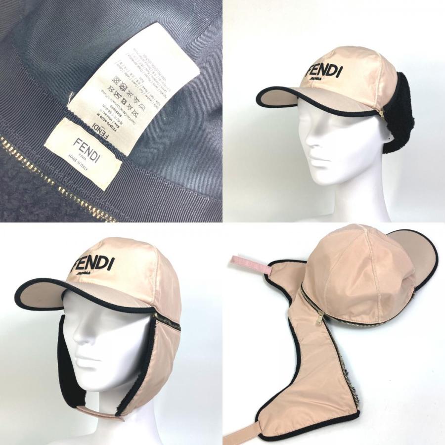 FENDI フェンディ FXQ679 ロゴ フライトキャップ ボア付き 帽子 ポリエステル ピンク レディース【中古】 | FENDI | 09
