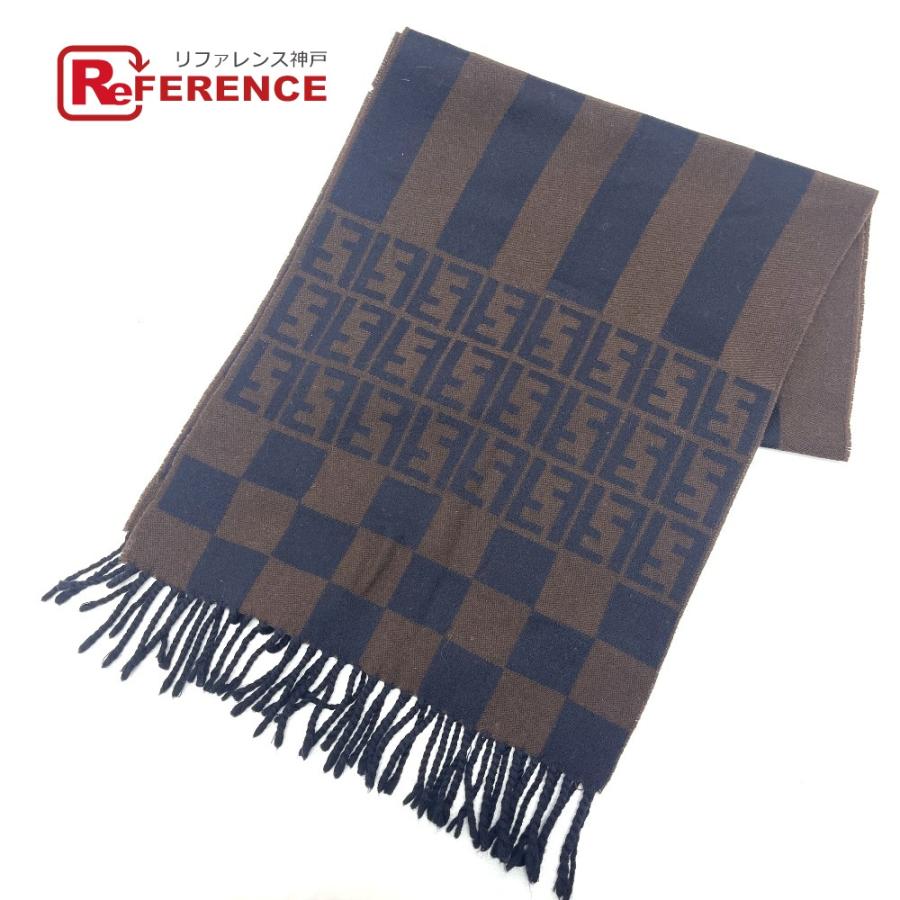 FENDI フェンディ ズッカ柄  ペカン マフラー フリンジ ストール 防寒具 マフラー ネイビー レディース【中古】 | FENDI