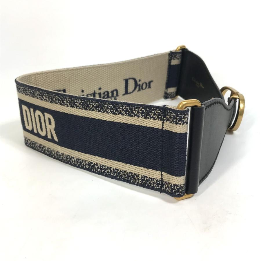 Dior ディオール B0003CBTE_M928　 CD金具 エンブロイダリー キャンバス ロゴ ベルト コットン ネイビー×ベージュ レディース.【中古】美品 |  | 05