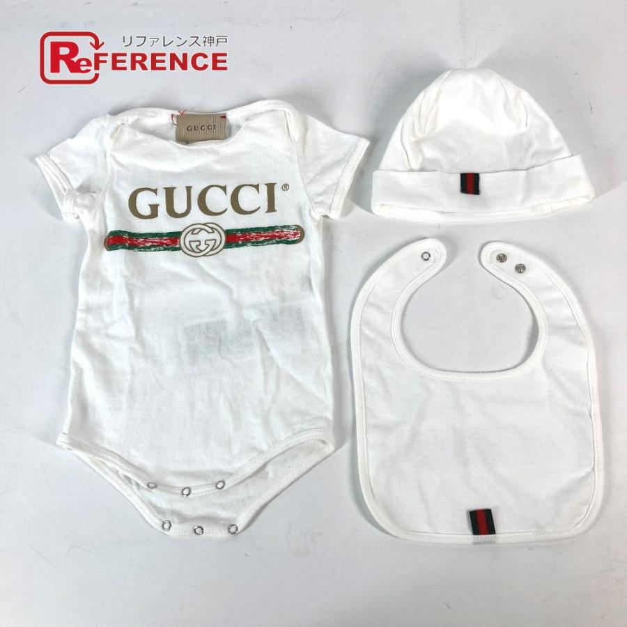 新品同様 GUCCI グッチ 516326 ロゴ 3ピースセット  ギフトセット スタイ＆ニット帽＆ロンパース ベビー BABY 赤ちゃん ニット帽.【中古】 | GUCCI