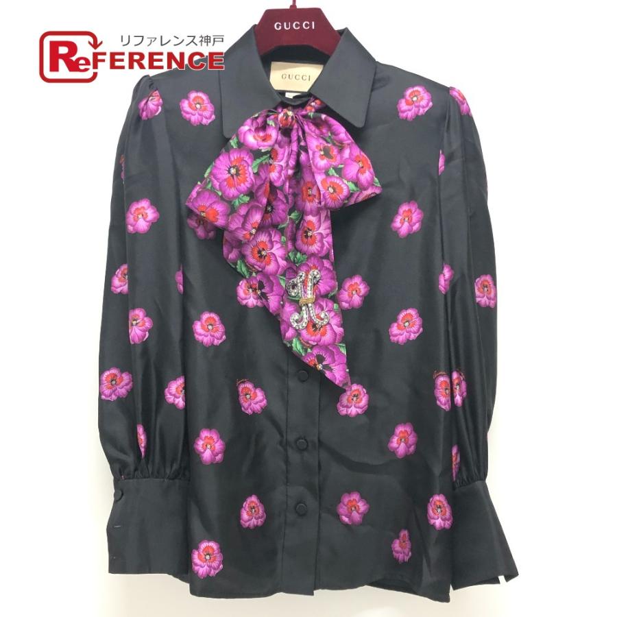 GUCCI グッチ 722304 リボン フラワーシャツ アパレル トップス スカーフ付き 肩パッド付き 長袖シャツ ブラック レディース【中古】 | GUCCI