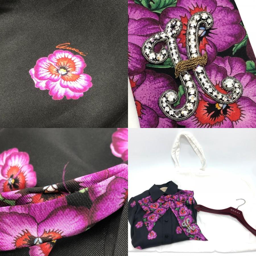 GUCCI グッチ 722304 リボン フラワーシャツ アパレル トップス スカーフ付き 肩パッド付き 長袖シャツ ブラック レディース【中古】 | GUCCI | 09