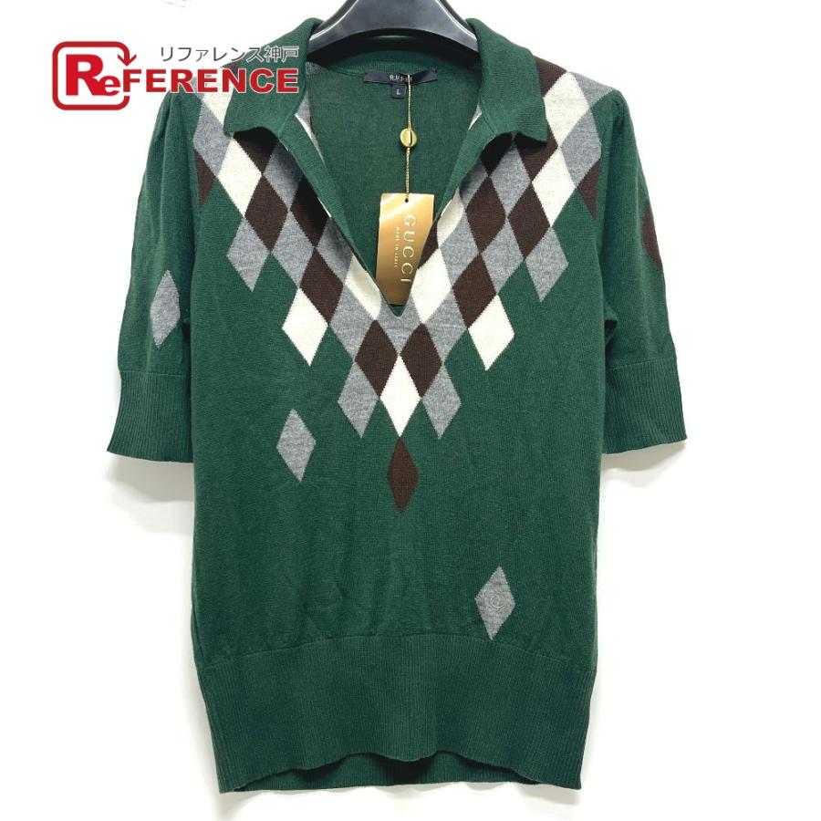 新品同様 GUCCI グッチ 205241 ダイヤモンド柄 アーガイル アパレル トップス 半袖 ニット ポロシャツ グリーン レディース【中古】 | GUCCI