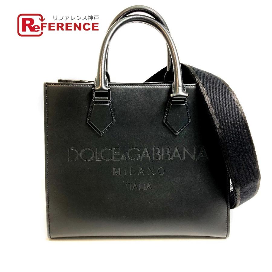 DOLCE&GABBANA ドルチェアンドガッバーナ エッジ ロゴ ショッピングバッグ 2WAYトートバッグ レザー ブラック【中古】美品