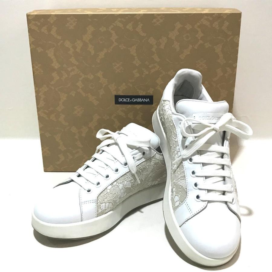 美品 DOLCE&GABBANA ドルガバ レースモチーフ スニーカー 牛革  / ポリエステル レディース ホワイト |  | 10