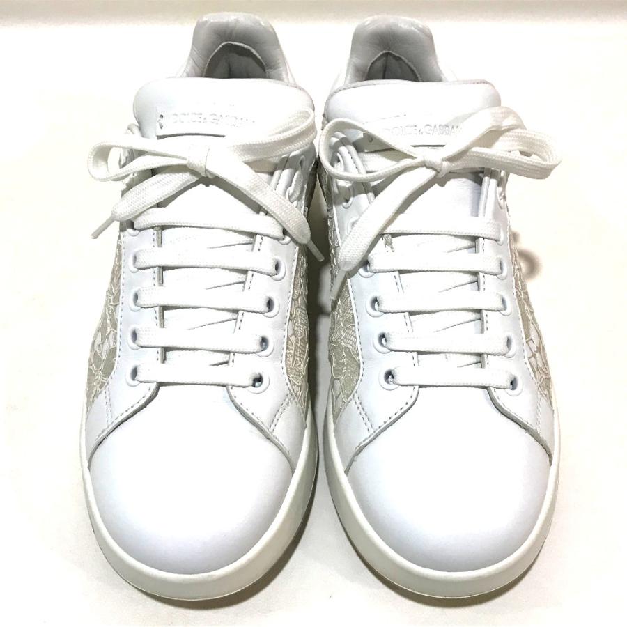 美品 DOLCE&GABBANA ドルガバ レースモチーフ スニーカー 牛革  / ポリエステル レディース ホワイト |  | 01