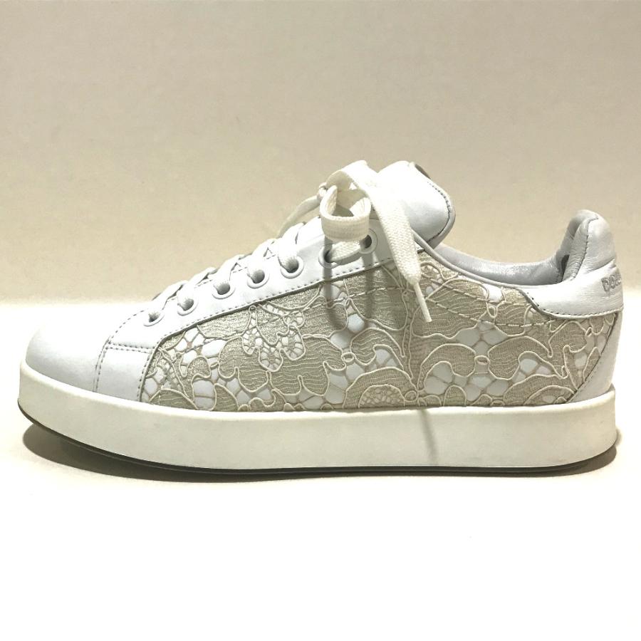 美品 DOLCE&GABBANA ドルガバ レースモチーフ スニーカー 牛革  / ポリエステル レディース ホワイト |  | 03
