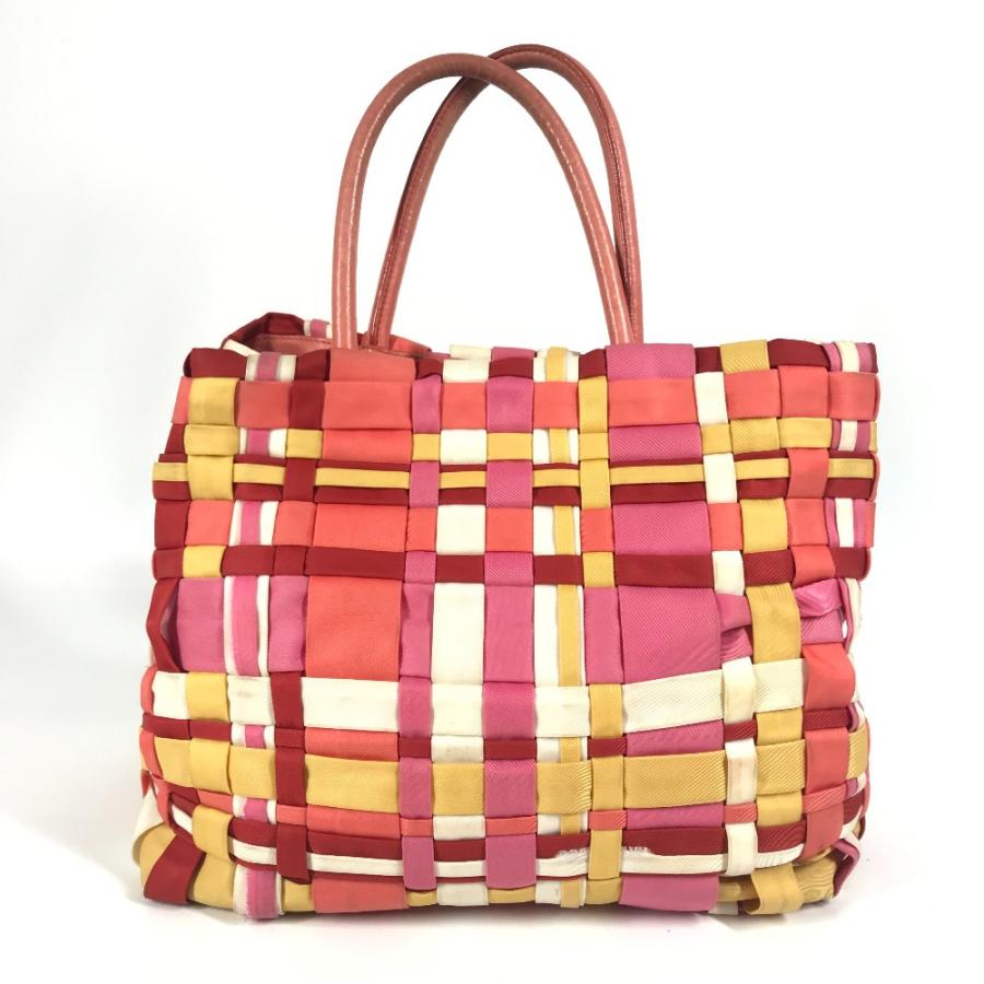 PRADA プラダ トライアングルロゴ 三角ロゴ プレート カバン トートバッグ 編み込み ロゴ ハンドバッグ ピンク ユニセックス【中古】 | PRADA | 01