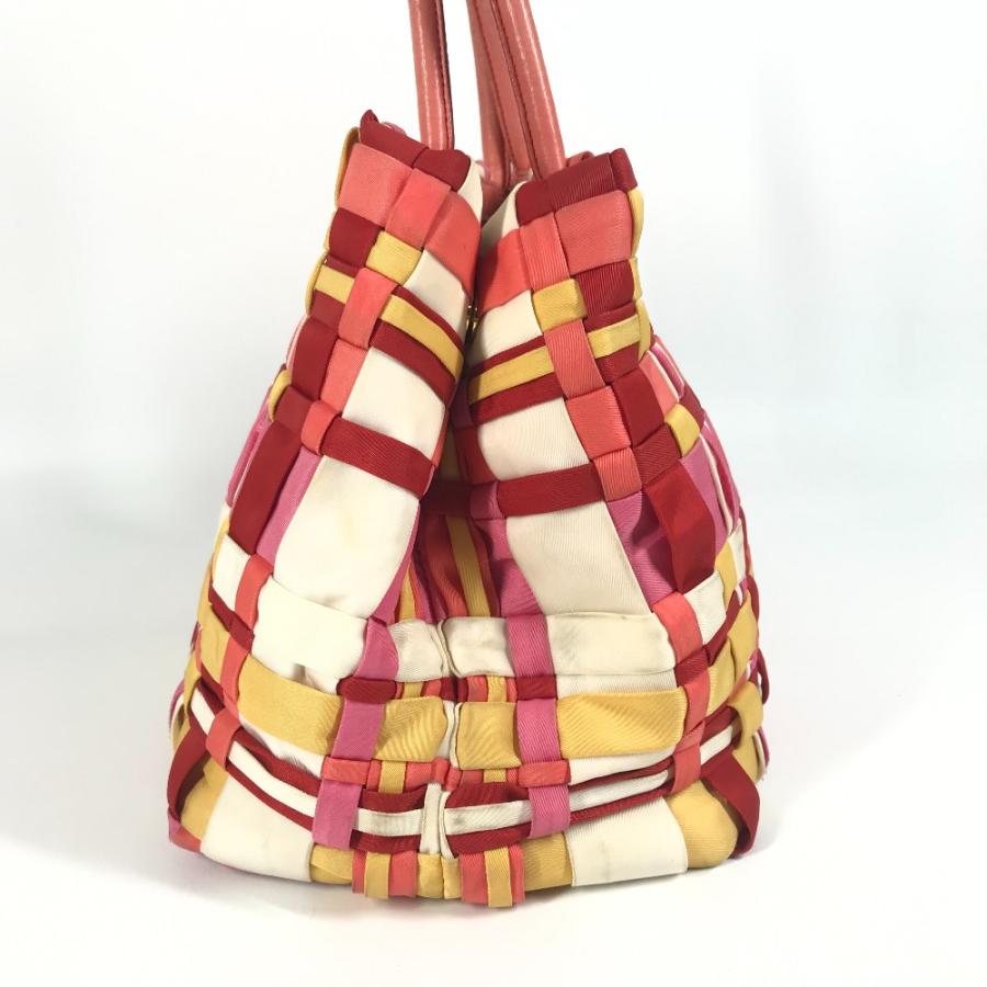 PRADA プラダ トライアングルロゴ 三角ロゴ プレート カバン トートバッグ 編み込み ロゴ ハンドバッグ ピンク ユニセックス【中古】 | PRADA | 02