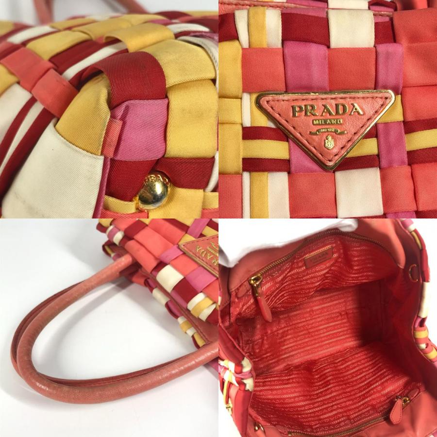 PRADA プラダ トライアングルロゴ 三角ロゴ プレート カバン トートバッグ 編み込み ロゴ ハンドバッグ ピンク ユニセックス【中古】 | PRADA | 08