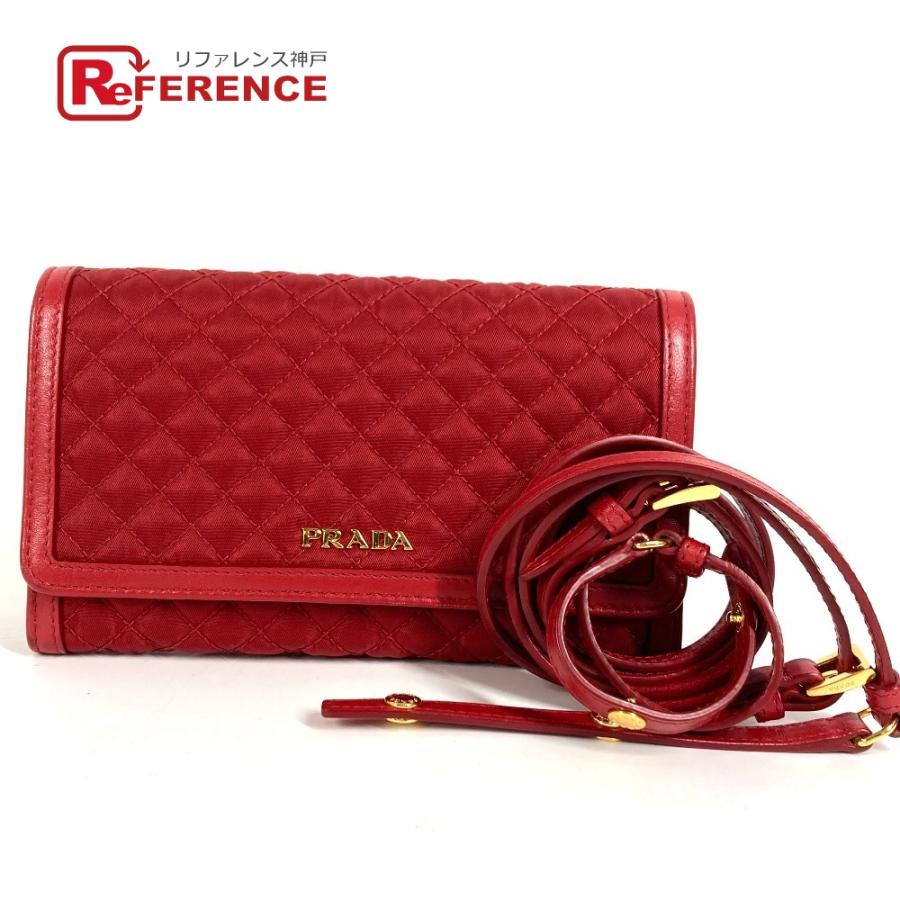 PRADA プラダ 1M1437 ロゴ キルティング ロングウォレット ショルダーバッグ ショルダーウォレット 長財布 レッド【中古】 | PRADA