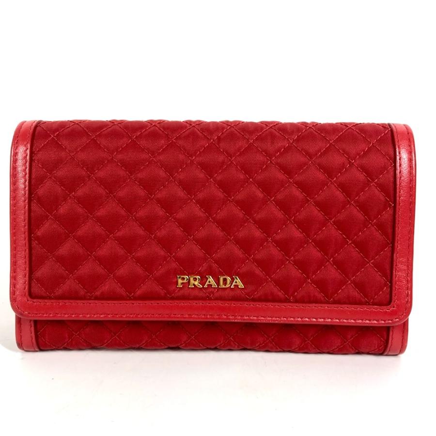 PRADA プラダ 1M1437 ロゴ キルティング ロングウォレット ショルダーバッグ ショルダーウォレット 長財布 レッド【中古】 | PRADA | 01
