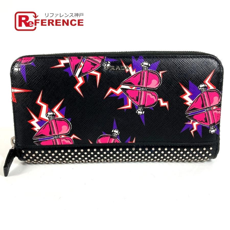 PRADA プラダ 2ML317 ハート ロゴ スタッズ ロングウォレット ラウンドファスナー 長財布 ブラック ユニセックス【中古】 | PRADA