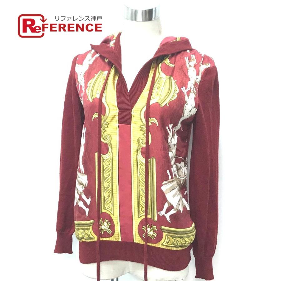 HERMES エルメス 総柄 長袖セーター カーディガン フード付き 長袖 ニット レディース 36 レッド×イエロー 赤 | HERMES