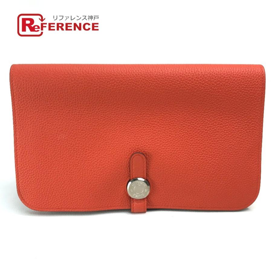 エルメス 長財布 ドゴンデュオ ドゴンGM トゴ オレンジ 二つ折り 中古  