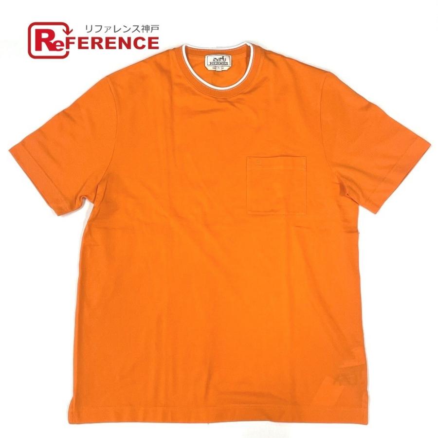 未使用 HERMES エルメス Hロゴ刺繍 胸ポケット 半袖Tシャツ トップス コットン メンズ オレンジ :E-210728-9