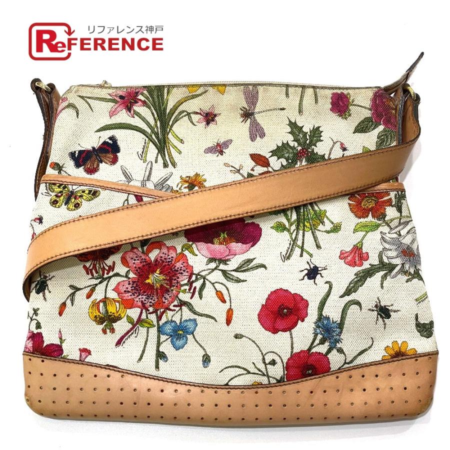 GUCCI グッチ 花柄 フローラ キャンバス×レザー ショルダーバッグ カバン-