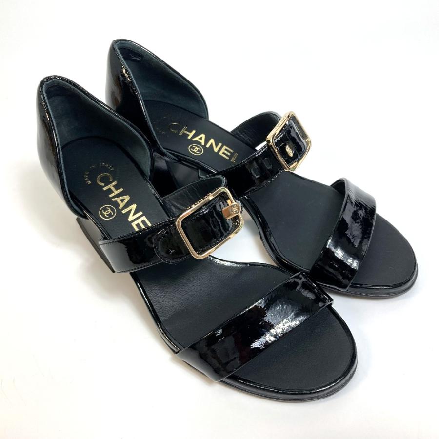 CHANEL カメリア ストーン ストラップサンダル サテン ブラック