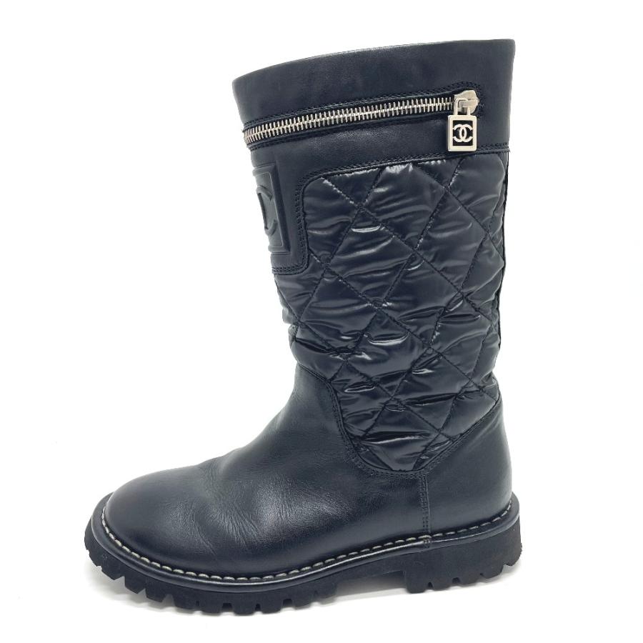 CHANEL エンジニアブーツ マトラッセ ココマーク 革 ブラウン ジップ