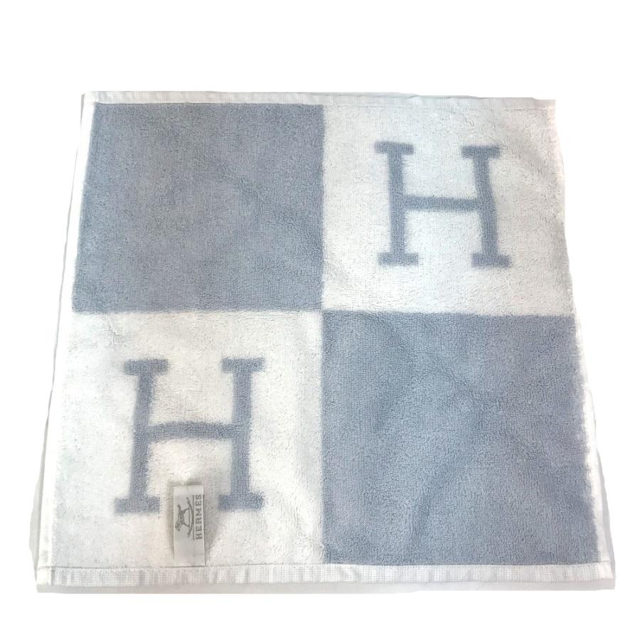 HERMES エルメス Hロゴ アヴァロン  ハンドタオル タオル コットン ブルー×ホワイト レディース【中古】未使用の画像