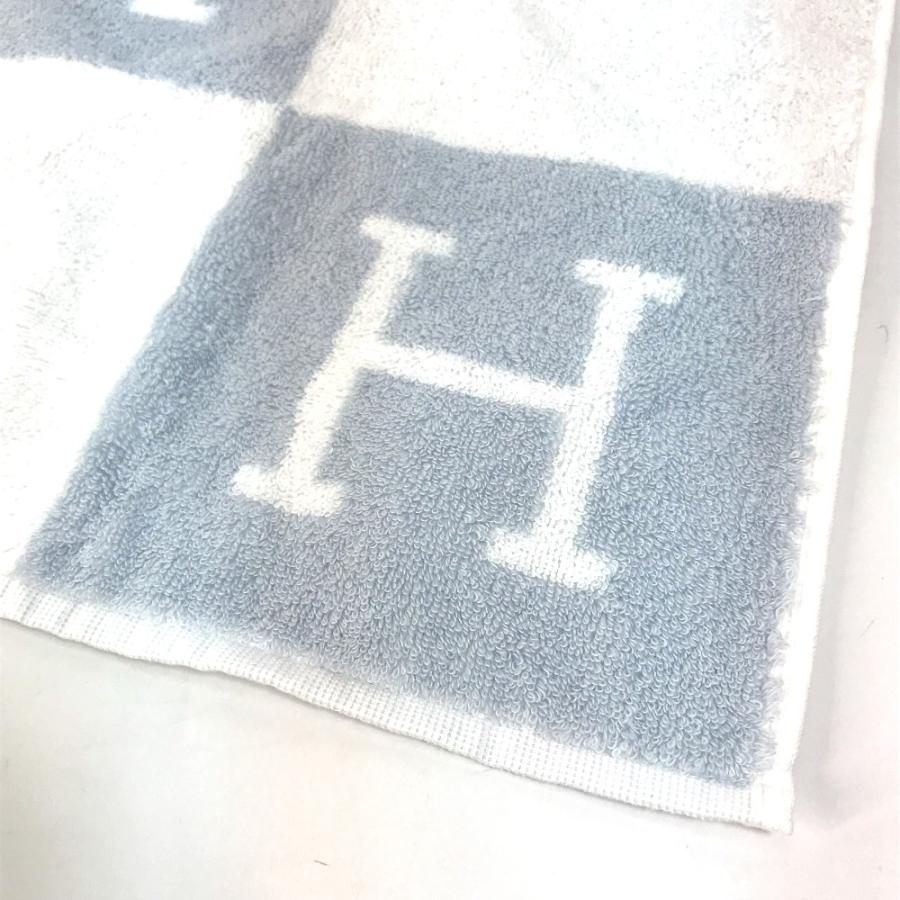 HERMES エルメス Hロゴ アヴァロン  ハンドタオル タオル コットン ブルー×ホワイト レディース【中古】未使用の画像