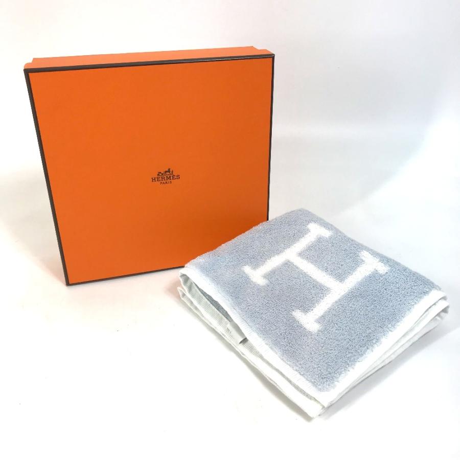HERMES エルメス Hロゴ アヴァロン  ハンドタオル タオル コットン ブルー×ホワイト レディース【中古】未使用の画像