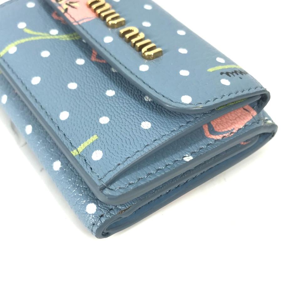 新品同様 MIUMIU ミュウミュウ マドラス コンパクトウォレット 3つ折り財布 水玉 ドット ロゴ フラワー 3つ折り財布 ブルー【中古】 | miu miu | 04